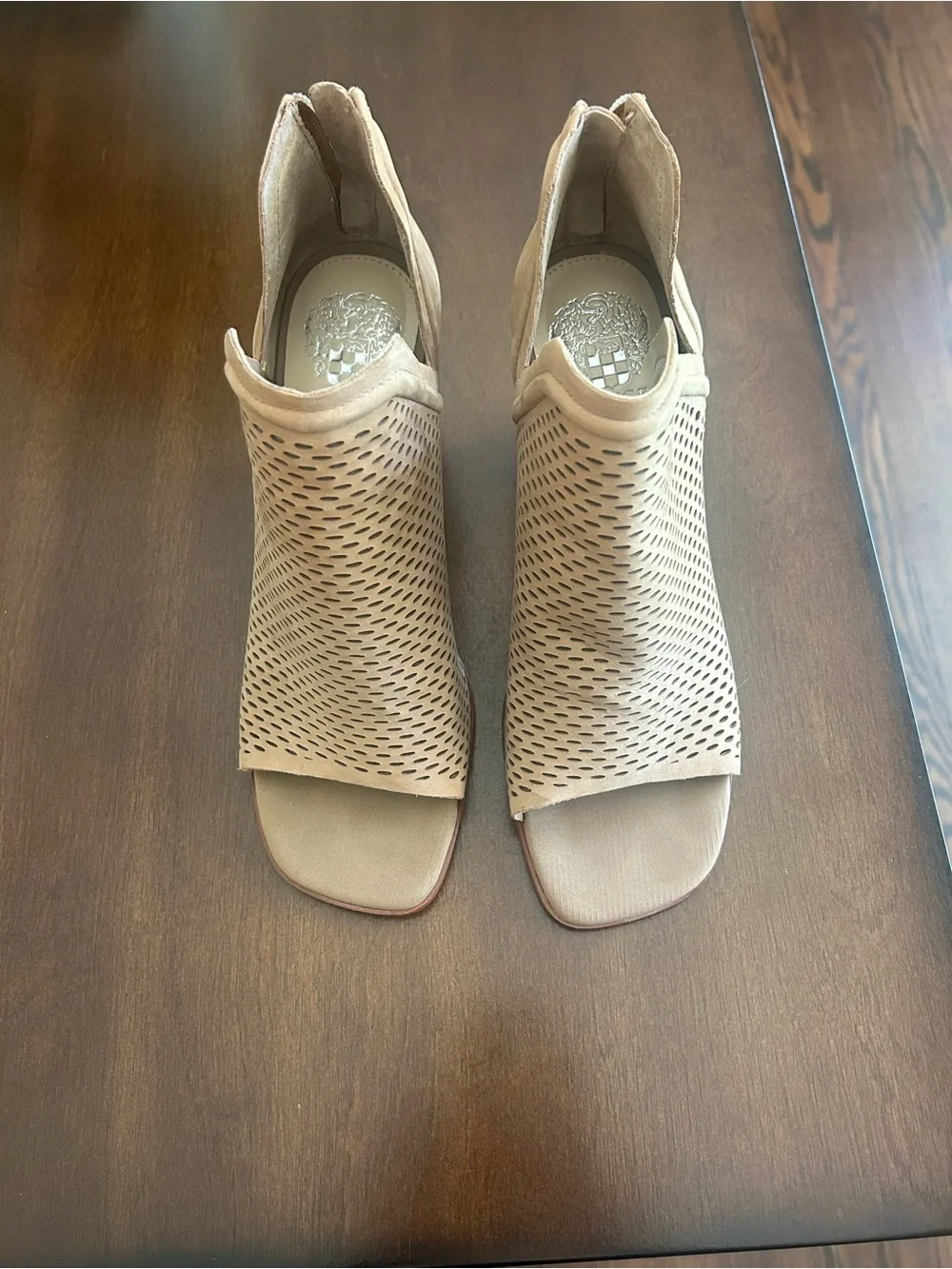 Vince Camuto Beige Laser-Cut Open-Toe Block Heel Sandals
